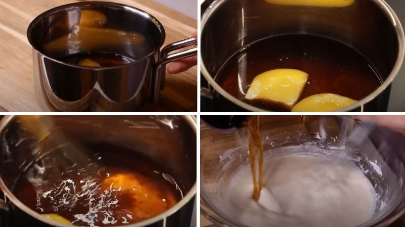 Nấu nước đường cho vào bột làm bánh Nấu nước đường cho vào bột làm bánh