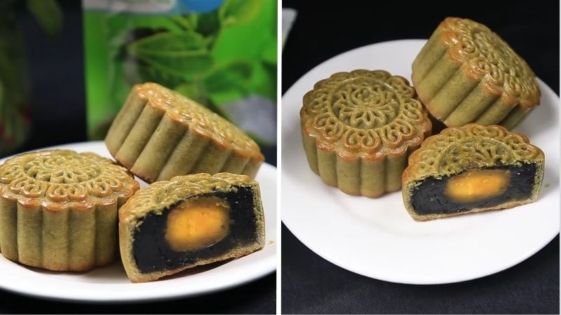 Thành phẩm bánh Trung thu trà xanh mè đen nhân trứng muối Thành phẩm bánh Trung thu trà xanh mè đen nhân trứng muối