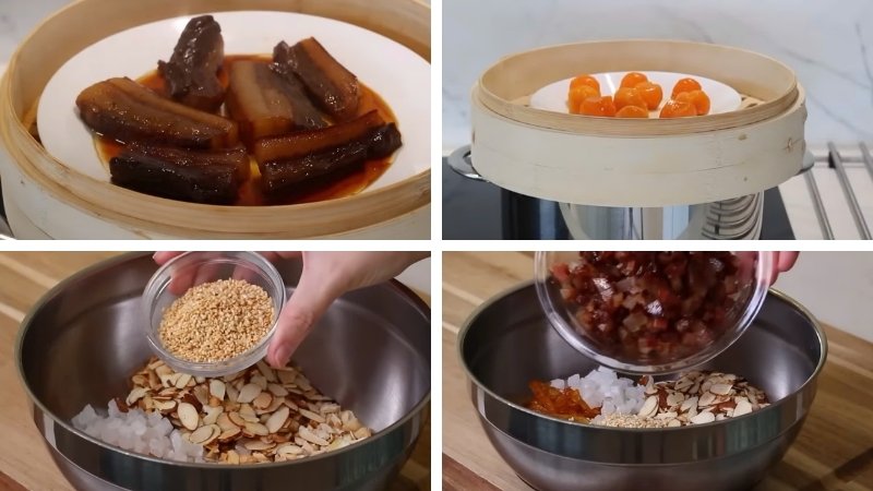 Tạo nhân bánh tròn đều, giữ trứng muối ở giữa Tạo nhân bánh tròn đều, giữ trứng muối ở giữa