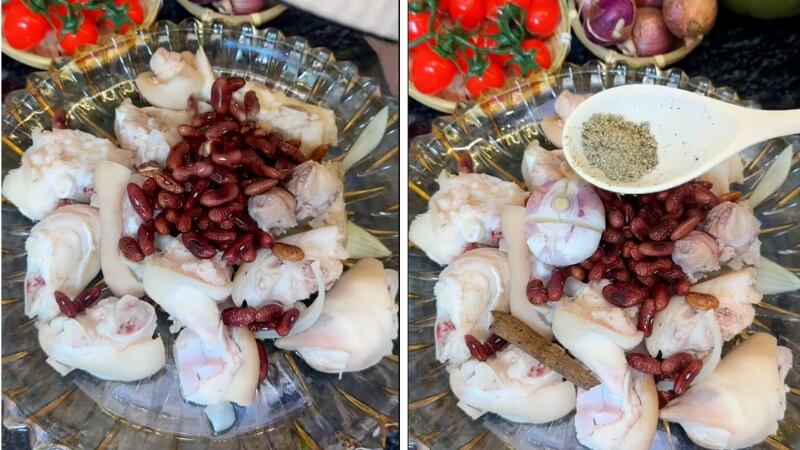 Bước 2 là uớp chân giò và đậu đỏ Bước 2 là uớp chân giò và đậu đỏ