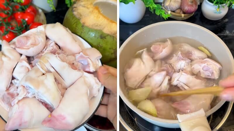 Bước 1 là sơ chế chân giò và ngâm đậu đỏ Bước 1 là sơ chế chân giò và ngâm đậu đỏ