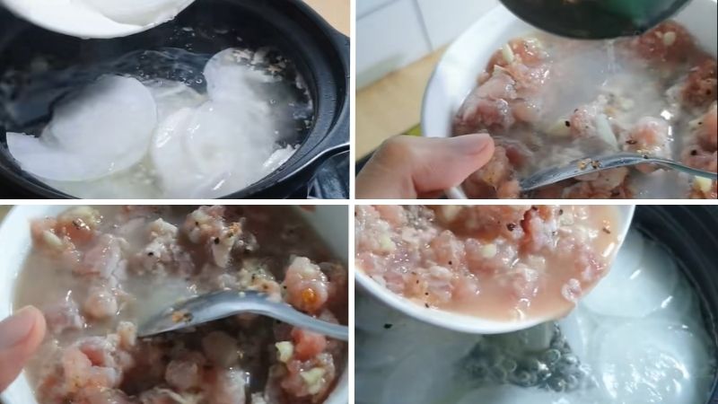 Cho củ cải vào nồi và nấu phần thịt bằm Cho củ cải vào nồi và nấu phần thịt bằm
