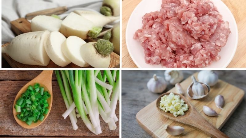 Các nguyên liệu cần chuẩn bị cho món canh củ cải trắng thịt băm Các nguyên liệu cần chuẩn bị cho món canh củ cải trắng thịt băm