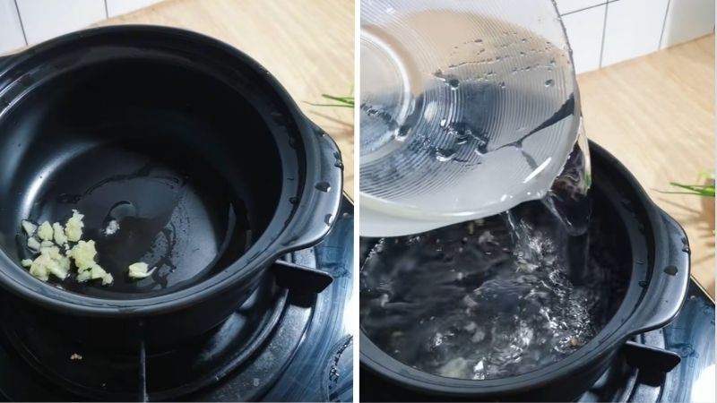 Phi thơm hành tỏi và cho nước vào Phi thơm hành tỏi và cho nước vào