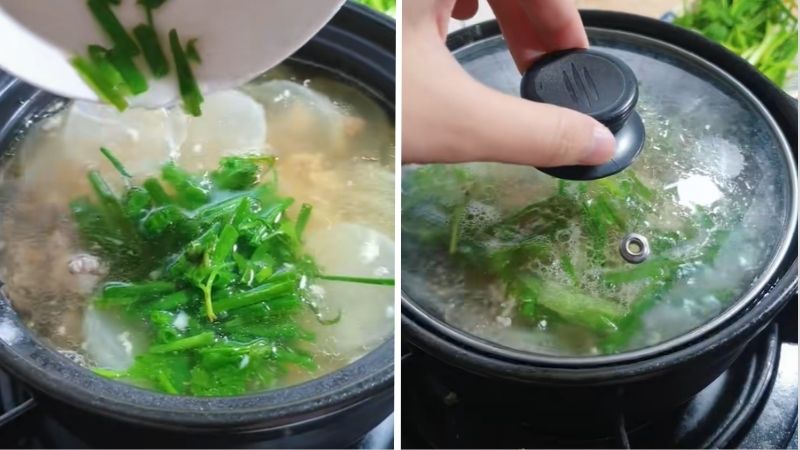 Cho hành ngò thái nhỏ vào nồi Cho hành ngò thái nhỏ vào nồi