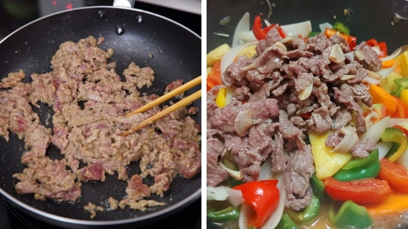 Xào nhanh trên lửa lớn giữ thịt mềm, ngọt tự nhiên. Xào nhanh trên lửa lớn giữ thịt mềm, ngọt tự nhiên.