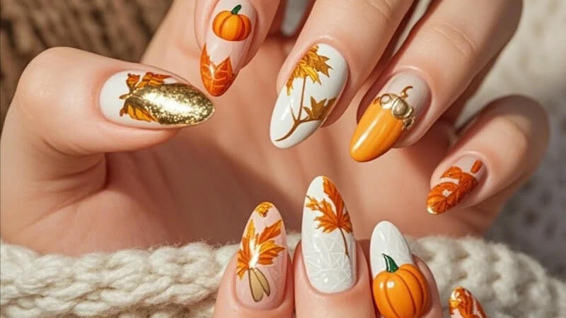 Mẫu nail họa tiết lá và hoa khô