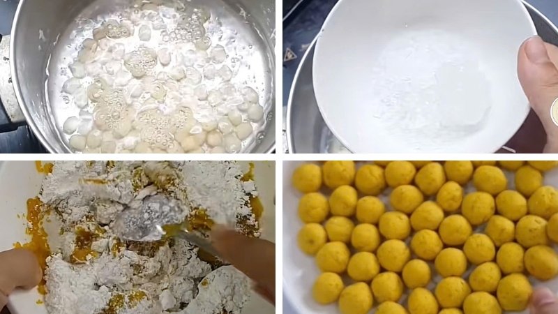 Luộc hạt sen đến mềm vừa, bí đỏ nghiền nhuyễn trộn bột nếp và nặn thành viên