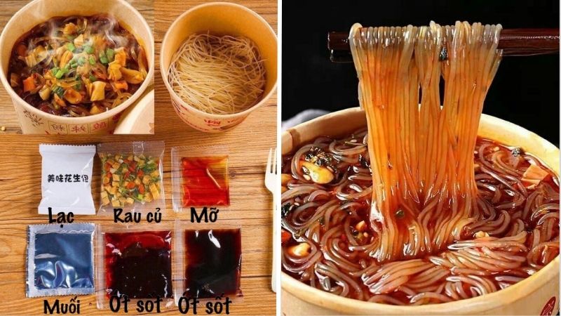 Gồm sợi miến dai, các gói gia vị, rau củ sấy và topping như đậu phộng, đậu hũ ky