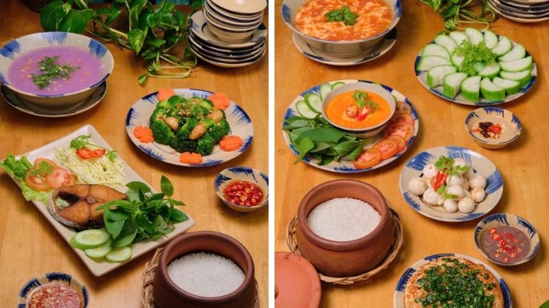 Mâm cơm quê Cơm niêu bếp lá sen