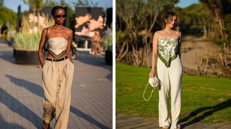 Kết hợp áo scarf top với quần ống rộng thanh lịch