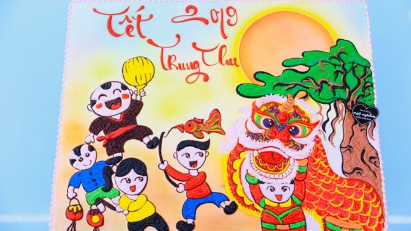 Bánh kem Bé rước đèn ông sao kết hợp với vui chơi múa lân