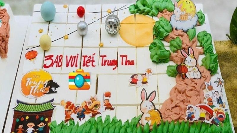 Mẫu bánh kem Trung thu Đoàn lân sư rồng kết hợp cây đa và thỏ ngọc
