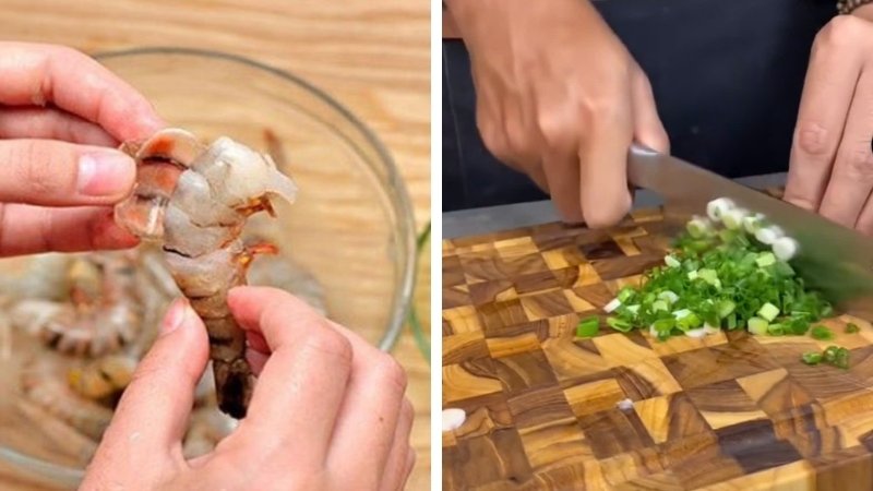Sơ chế tôm và hánh lá