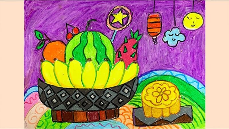 Tranh vẽ mâm ngũ quả và bánh Trung thu 4