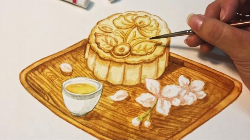 Tranh vẽ mâm ngũ quả và bánh Trung thu 2