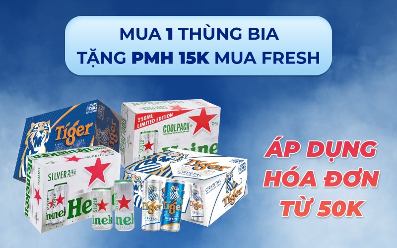 Mua 1 thùng bia - Tặng ngay phiếu mua hàng 15k mua hàng tươi sống