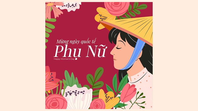 Hình ảnh cô gái mặc áo dài với họa tiết hoa, nền màu đỏ tím