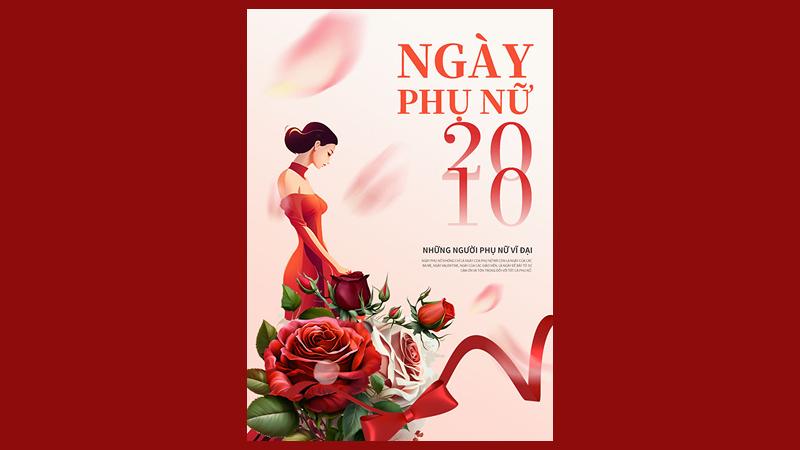 Hình ảnh phụ nữ thanh lịch với các chi tiết hoa hồng, font chữ chữ tinh tế