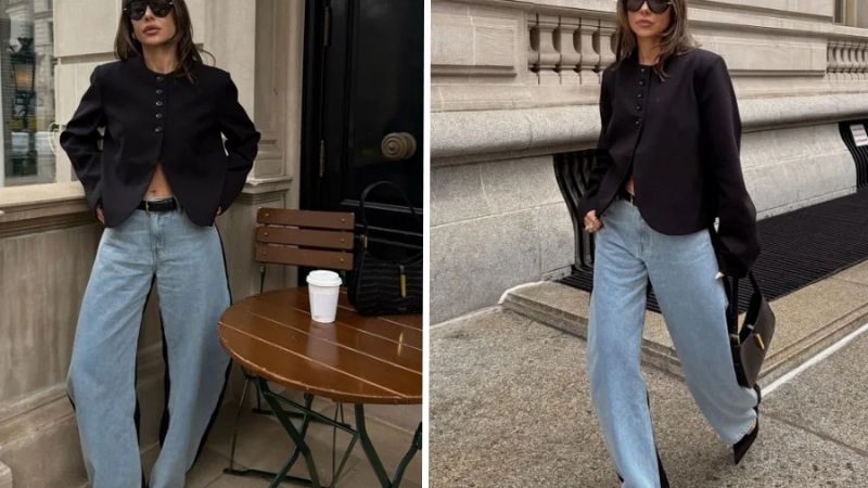 Kết hợp quần Barrel jeans với áo croptop hoặc áo blazer