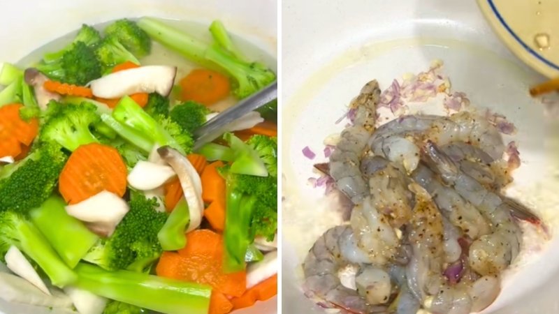 Luộc sơ rau củ và xào tôm