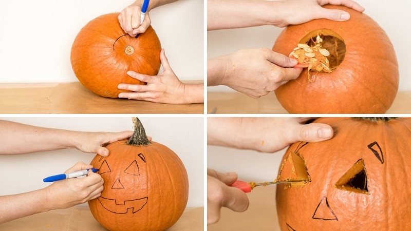Cách 1: Làm đèn Jack-o'-lantern từ bí ngô thật (kiểu truyền thống)