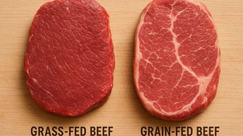 Hình ảnh giữa miếng thịt bò ăn cỏ và thịt bò ăn ngũ cốc