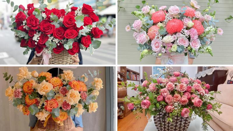 Lẵng hoa tặng thầy cô lấy hoa hồng làm chủ đạo Lẵng hoa tặng thầy cô lấy hoa hồng làm chủ đạo