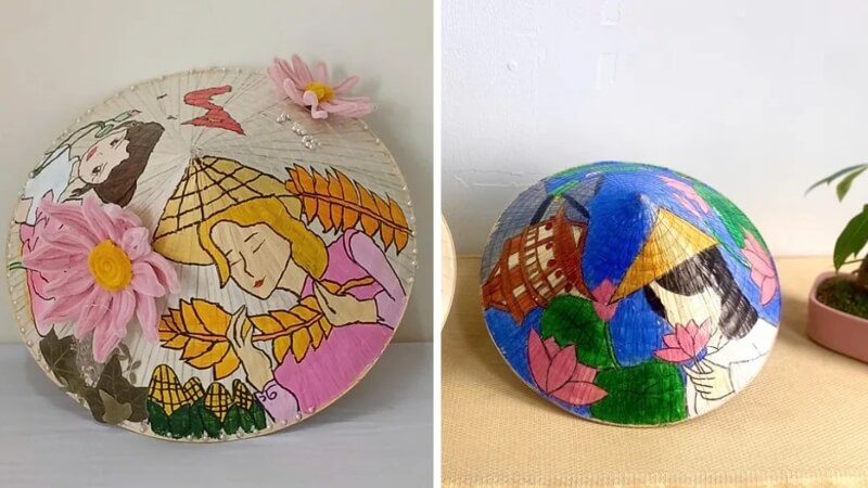 Mẫu trang trí nón lá với hình ảnh người phụ nữ truyền thống
