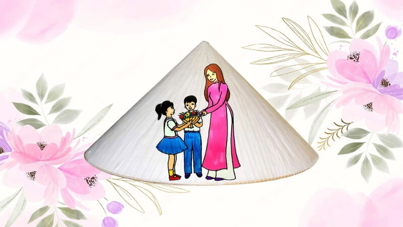 Nón lá được trang trí bằng hình ảnh học sinh tặng hoa cho cô giáo