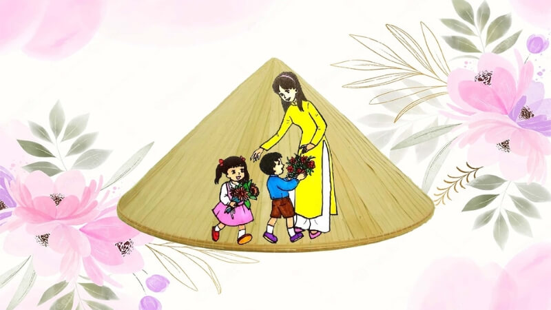 Mẫu vẽ nón lá hình giáo viên và học sinh