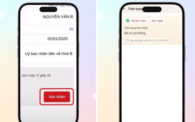 Khi quá trình xác thực hoàn tất, dữ liệu về tình trạng hôn nhân sẽ được tự động cập nhật vào VNeID của bạn Khi quá trình xác thực hoàn tất, dữ liệu về tình trạng hôn nhân sẽ được tự động cập nhật vào VNeID của bạn