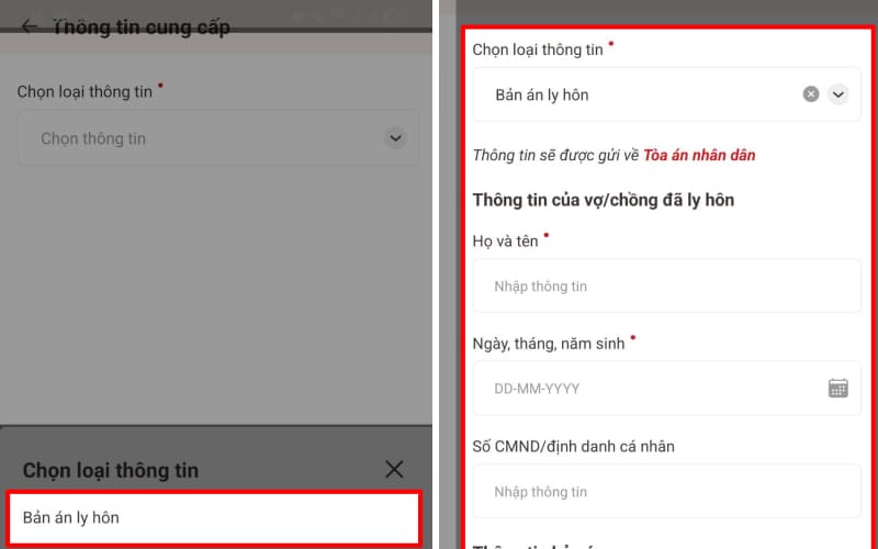 Chọn Bản án ly hôn, nhập đầy đủ thông tin theo yêu cầu Chọn Bản án ly hôn, nhập đầy đủ thông tin theo yêu cầu