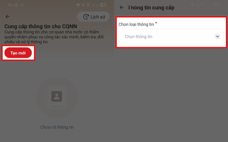 Chọn Tạo mới yêu cầu cung cấp thông tin Chọn Tạo mới yêu cầu cung cấp thông tin