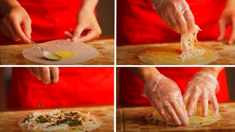 Phết trứng lên bánh tráng, rải đều thanh cua và rong biển lên bánh Phết trứng lên bánh tráng, rải đều thanh cua và rong biển lên bánh