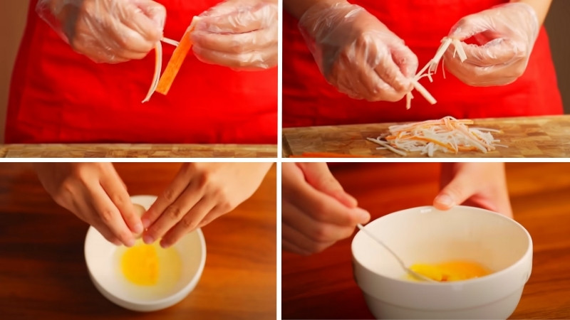 Xé nhỏ thanh cua và đánh trứng đều tay Xé nhỏ thanh cua và đánh trứng đều tay
