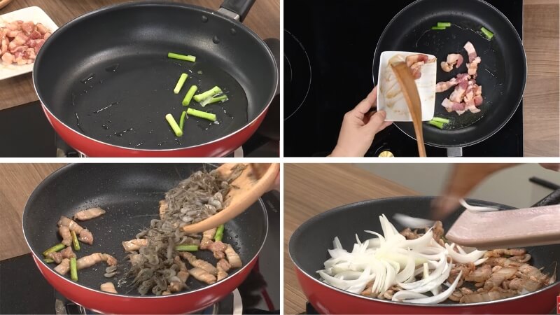 Bước 2: Xào thịt và tép