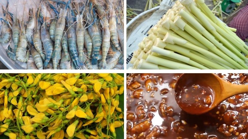 Nguyên liệu làm món canh chua tôm bồn bồn điên điển Nguyên liệu làm món canh chua tôm bồn bồn điên điển