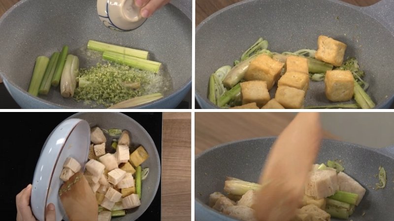Xào đậu hũ chiên và sườn chay với sả và boa rô Xào đậu hũ chiên và sườn chay với sả và boa rô