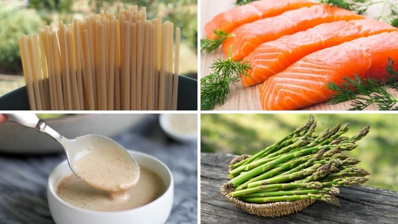 Nguyên liệu làm món mì Ý cá hồi xốt mè rang Nguyên liệu làm món mì Ý cá hồi xốt mè rang