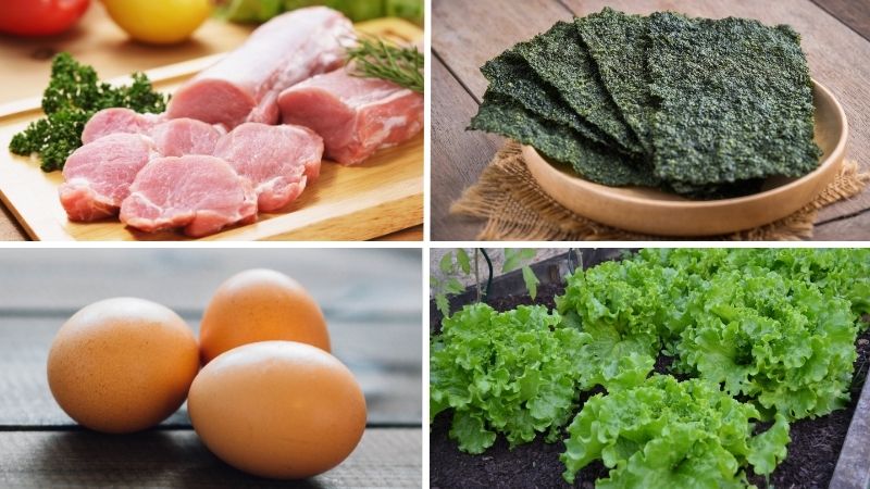 Nguyên liệu cần chuẩn bị cho món rong biển cuộn thịt xốt mayo Nguyên liệu cần chuẩn bị cho món rong biển cuộn thịt xốt mayo