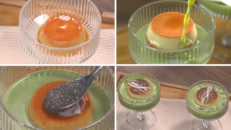 Trình bày món bánh flan hạt chia matcha Trình bày món bánh flan hạt chia matcha