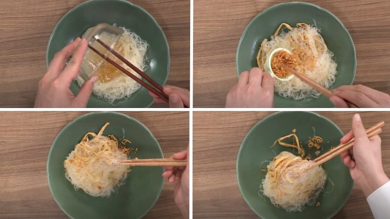 Trộn đều miến với các nguyên liệu đã sơ chế Trộn đều miến với các nguyên liệu đã sơ chế