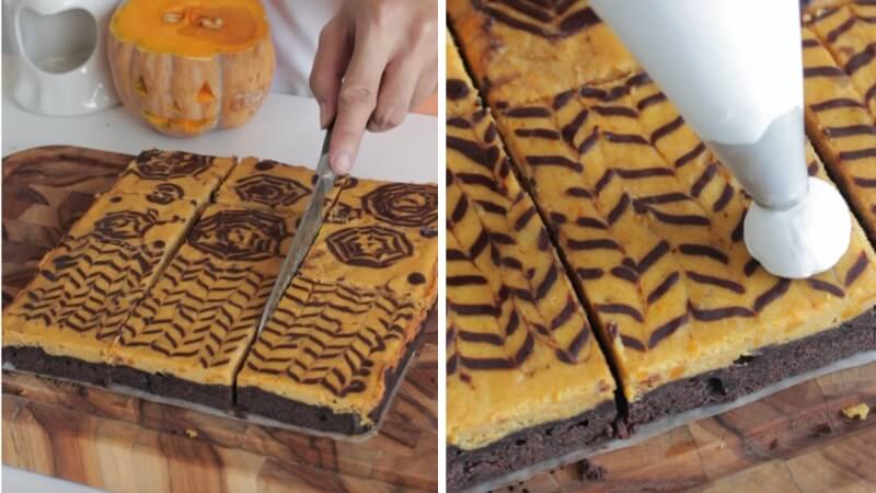 Thành phẩm bánh brownies cheesecake bí đỏ Halloween Thành phẩm bánh brownies cheesecake bí đỏ Halloween
