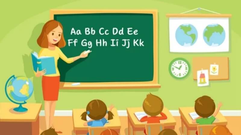 Ảnh hoạt hình thầy cô và học sinh đang ngồi nghe giảng