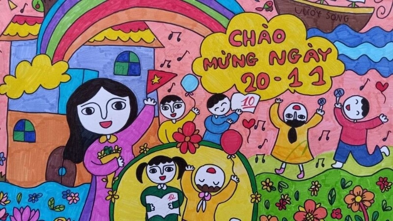 Tranh tô màu học sinh chúc mừng cô giáo.