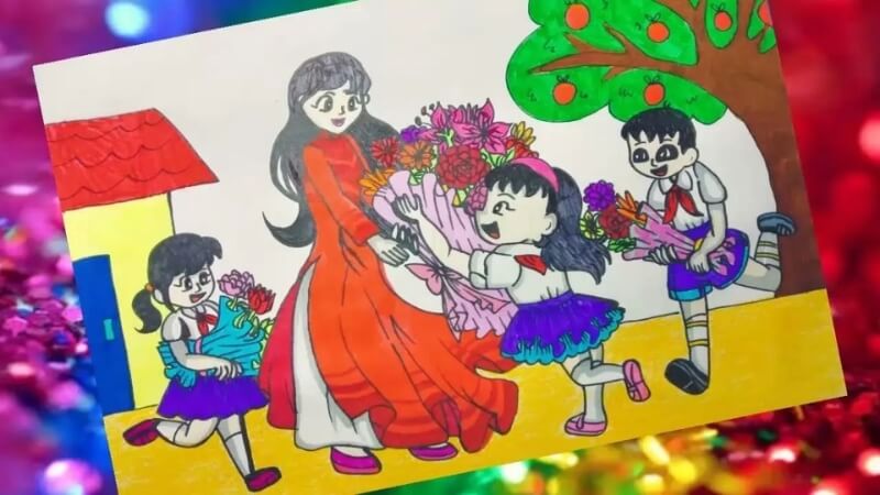 Hình tô màu thầy cô và học sinh cùng đón lễ tri ân.
