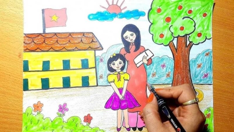 Tranh tô màu 20/11 chủ đề lớp học vui nhộn.