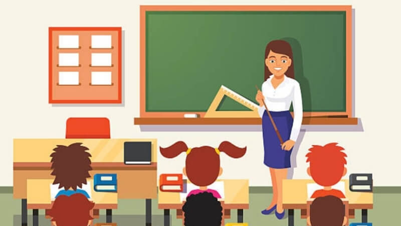 Hình chibi học sinh và cô giáo đang trong tiết học