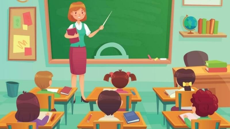 Hình chibi thầy cô bên học sinh trong lớp học vui tươi.